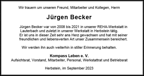 Traueranzeige von Jürgen Becker von VRM Trauer