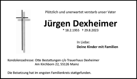 Traueranzeige von Jürgen Dexheimer von Allgemeine Zeitung Mainz