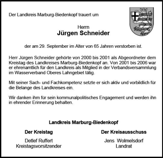 Traueranzeige von Jürgen Schneider von Hinterländer Anzeiger