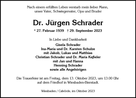 Traueranzeige von Jürgen Schrader von Wiesbadener Kurier