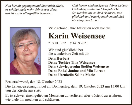 Traueranzeige von Karin Weisensee von VRM Trauer
