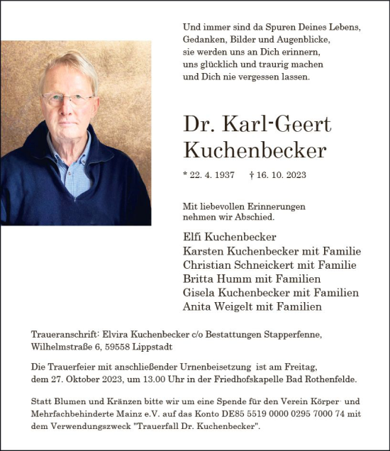 Traueranzeige von Karl-Geert Kuchenbecker von Allgemeine Zeitung Mainz