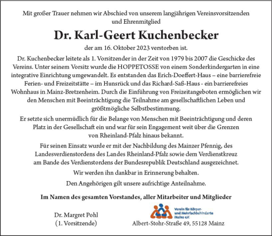 Traueranzeige von Karl-Geert Kuchenbecker von Allgemeine Zeitung Bingen/Ingelheim