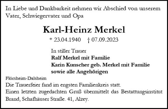 Traueranzeige von Karl-Heinz Merkel von Wormser Zeitung