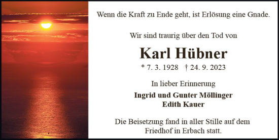 Traueranzeige von Karl Hübner von Odenwälder Echo