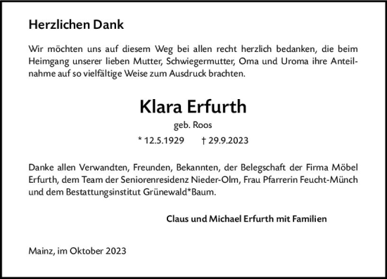 Traueranzeige von Klara Erfurth von Allgemeine Zeitung Mainz