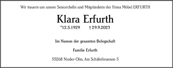 Traueranzeige von Klara Erfurth von Allgemeine Zeitung Mainz