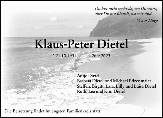 Traueranzeige von Klaus-Peter Dietel von Wiesbadener Kurier