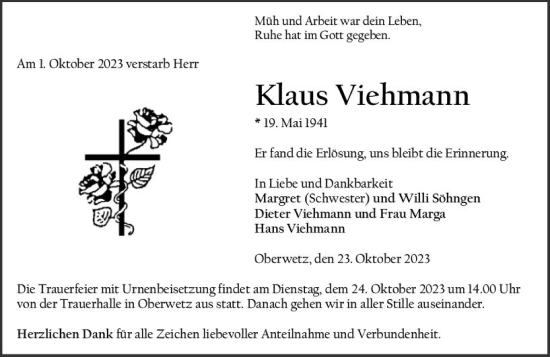Traueranzeige von Klaus Viehmann von Wetzlarer Neue Zeitung