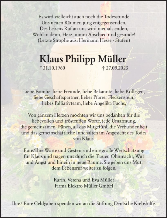 Traueranzeige von Klaus Philipp Müller von Darmstädter Echo