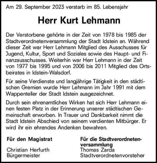 Traueranzeige von Kurt Lehmann von Idsteiner Land/Untertaunus