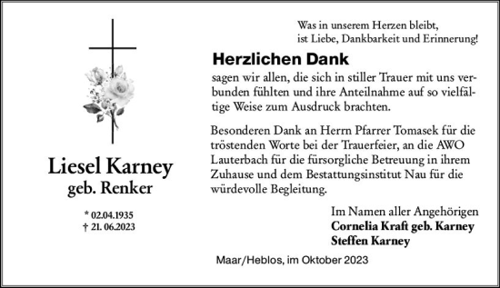 Traueranzeige von Liesel Karney von VRM Trauer