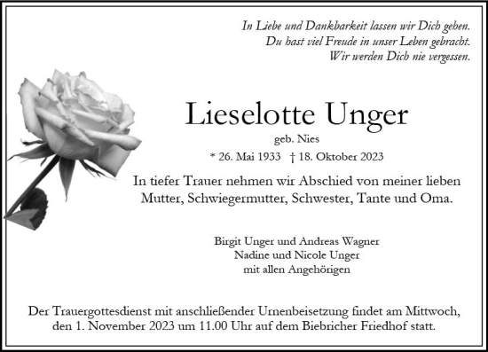 Traueranzeige von Lieselotte Unger von Wiesbadener Kurier