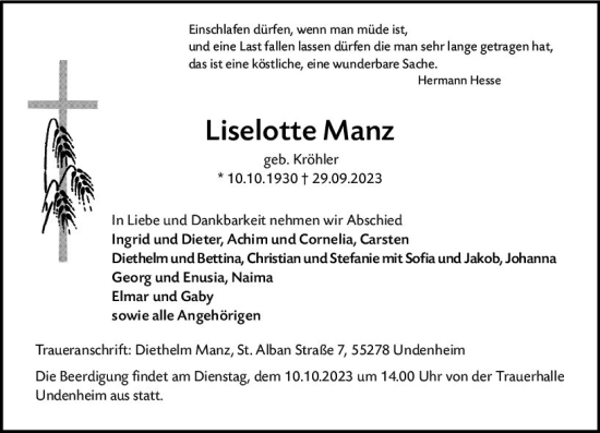 Traueranzeige von Liselotte Manz von Allgemeine Zeitung Mainz