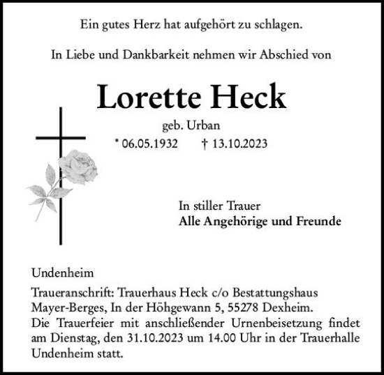 Traueranzeige von Lorette Heck von Allgemeine Zeitung Alzey