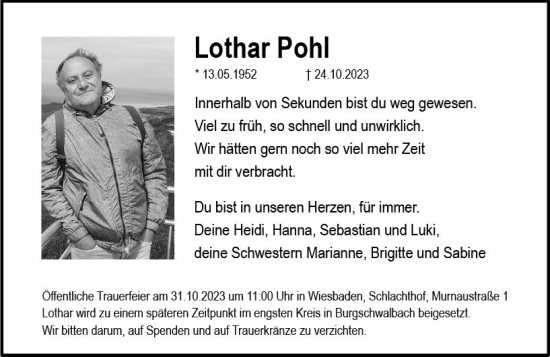 Traueranzeige von Lothar Pohl von Wiesbadener Kurier
