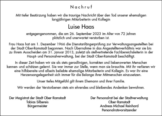 Traueranzeige von Luise Haas von Darmstädter Echo