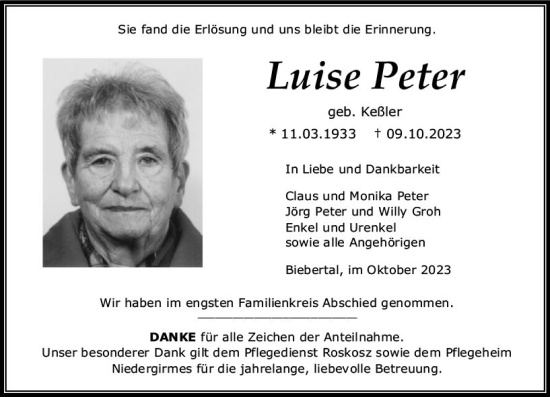 Traueranzeige von Luise Peter von Wetzlarer Neue Zeitung