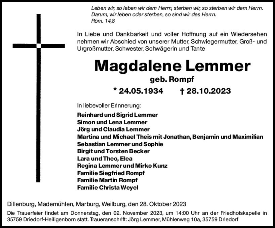 Traueranzeige von Magdalene Lemmer von Dill Block