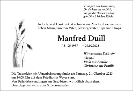 Traueranzeige von Manfred Duill von Weilburger Tageblatt