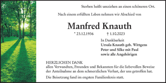Traueranzeige von Manfred Knauth von Rüsselsheimer Echo