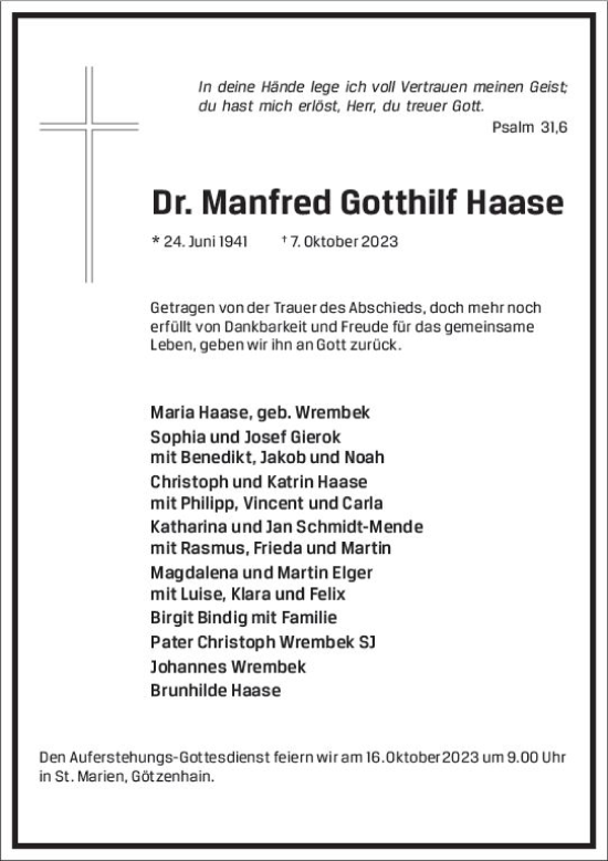 Traueranzeige von Manfred Gotthilf Haase von Darmstädter Echo