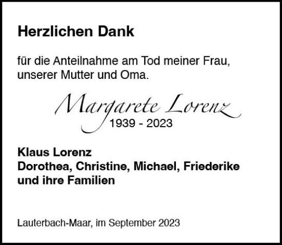 Traueranzeige von Margarete Lorenz von VRM Trauer