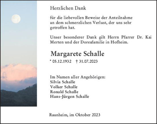 Traueranzeige von Margarete Schalle von Rüsselsheimer Echo