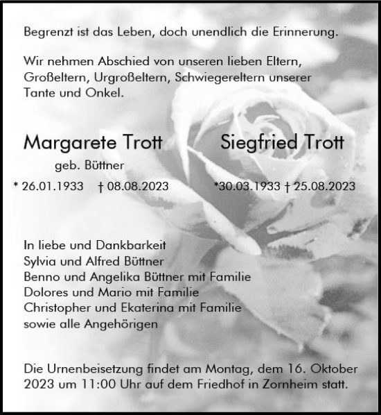 Traueranzeige von Margarete  Trott von Allgemeine Zeitung Mainz