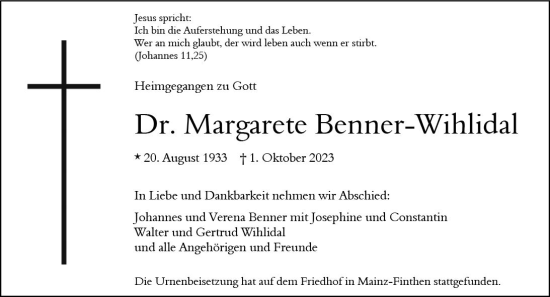 Traueranzeige von Margarete Benner Wihlidal von Wiesbadener Kurier