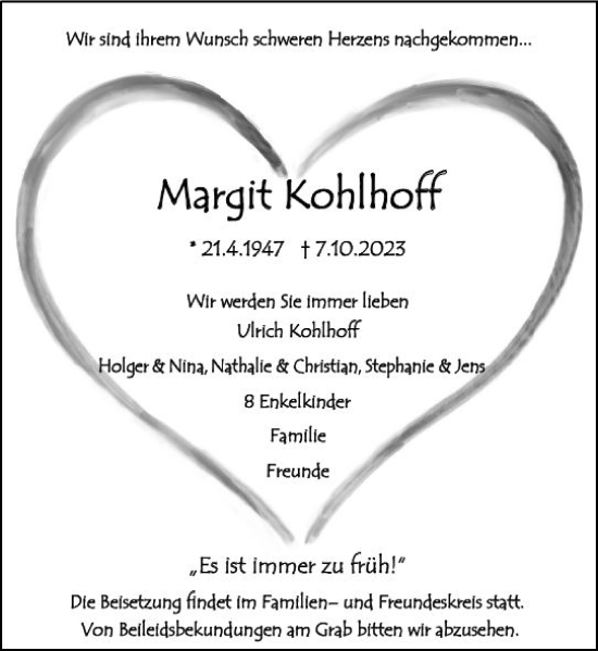 Traueranzeige von Margit Kohlhoff von Wiesbadener Kurier