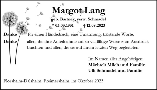 Traueranzeige von Margot Lang von Allgemeine Zeitung Alzey