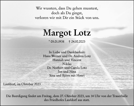 Traueranzeige von Margot Lotz von Wetzlarer Neue Zeitung