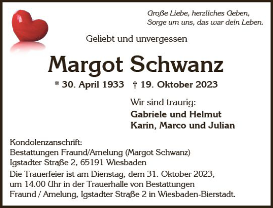 Traueranzeige von Margot Schwanz von Wiesbadener Kurier