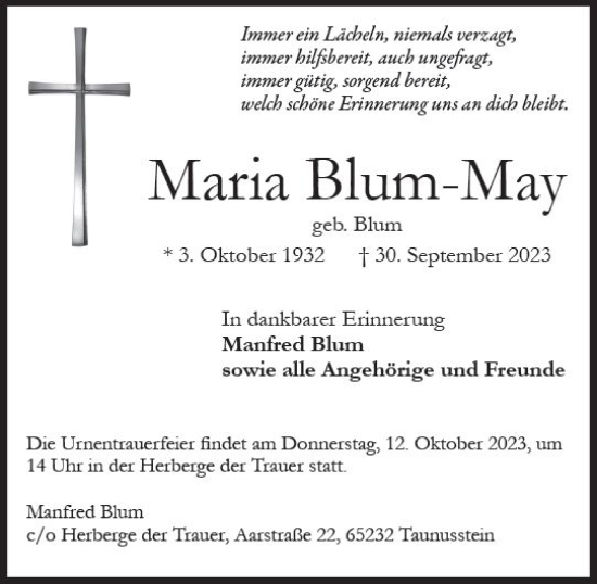 Traueranzeige von Maria Blum-May von Wiesbadener Kurier