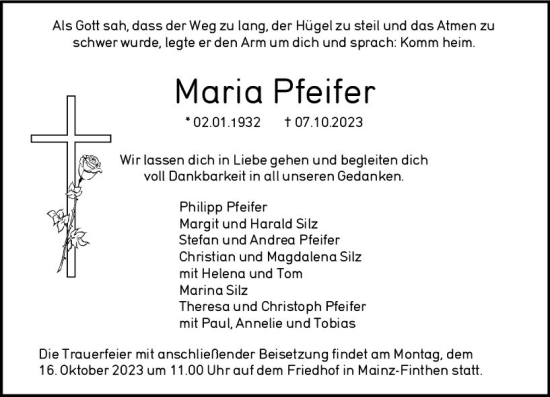 Traueranzeige von Maria Pfeifer von Allgemeine Zeitung Mainz