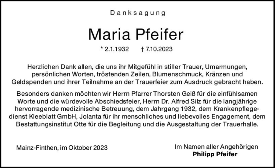Traueranzeige von Maria Pfeifer von Allgemeine Zeitung Mainz