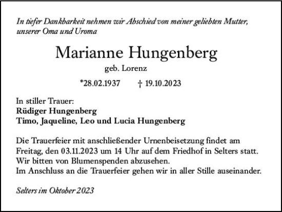 Traueranzeige von Marianne Hungenberg von Weilburger Tageblatt