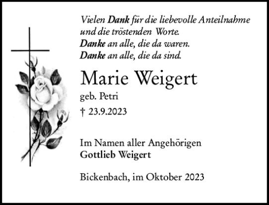 Traueranzeige von Marie Weigert von Darmstädter Echo
