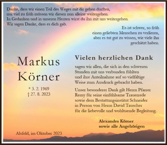 Traueranzeige von Markus Körner von Oberhessen Kurier