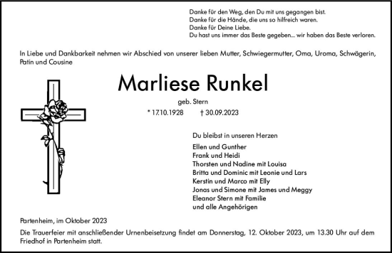 Traueranzeige von Marliese Runkel von Allgemeine Zeitung Alzey