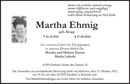 Traueranzeige von Martha Ehmig von Wiesbadener Kurier