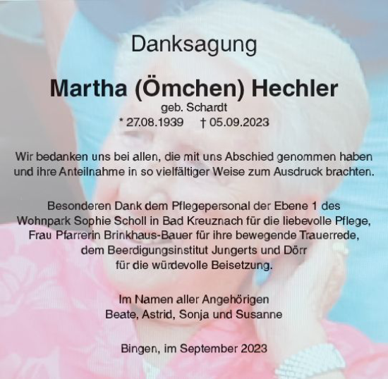 Traueranzeige von Martha  Hechler von Bingen/Ingelheim WOBL inkl. Neue Binger Ztg.