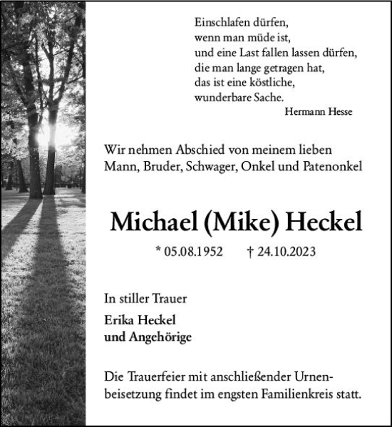Traueranzeige von Michael Heckel von Wormser Zeitung