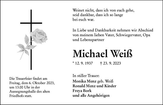 Traueranzeige von Michael Weiß von Wetzlarer Neue Zeitung