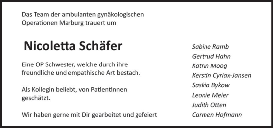 Traueranzeige von Nicoletta Schäfer von Hinterländer Anzeiger