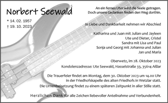Traueranzeige von Norbert Seewald von Wetzlarer Neue Zeitung
