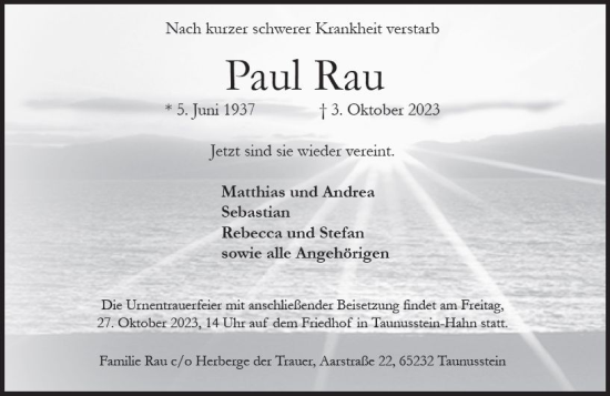 Traueranzeige von Paul Rau von Wiesbadener Kurier