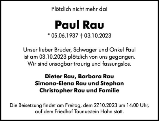 Traueranzeige von Paul Rau von Wiesbadener Kurier