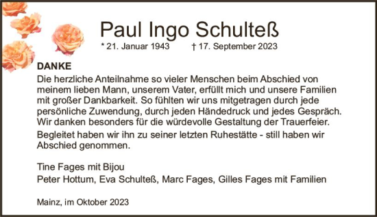 Traueranzeige von Paul Ingo Schulteß von Allgemeine Zeitung Mainz